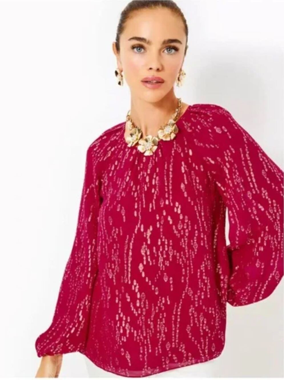 Lilly Pulitzer Noraleen Silk Top XL Red Gold Metallic Chiffon Blouse Dressy